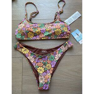 NEW Roxy Womens Small Floral Bikini Set All About Sol Bralette High Waist Bottom